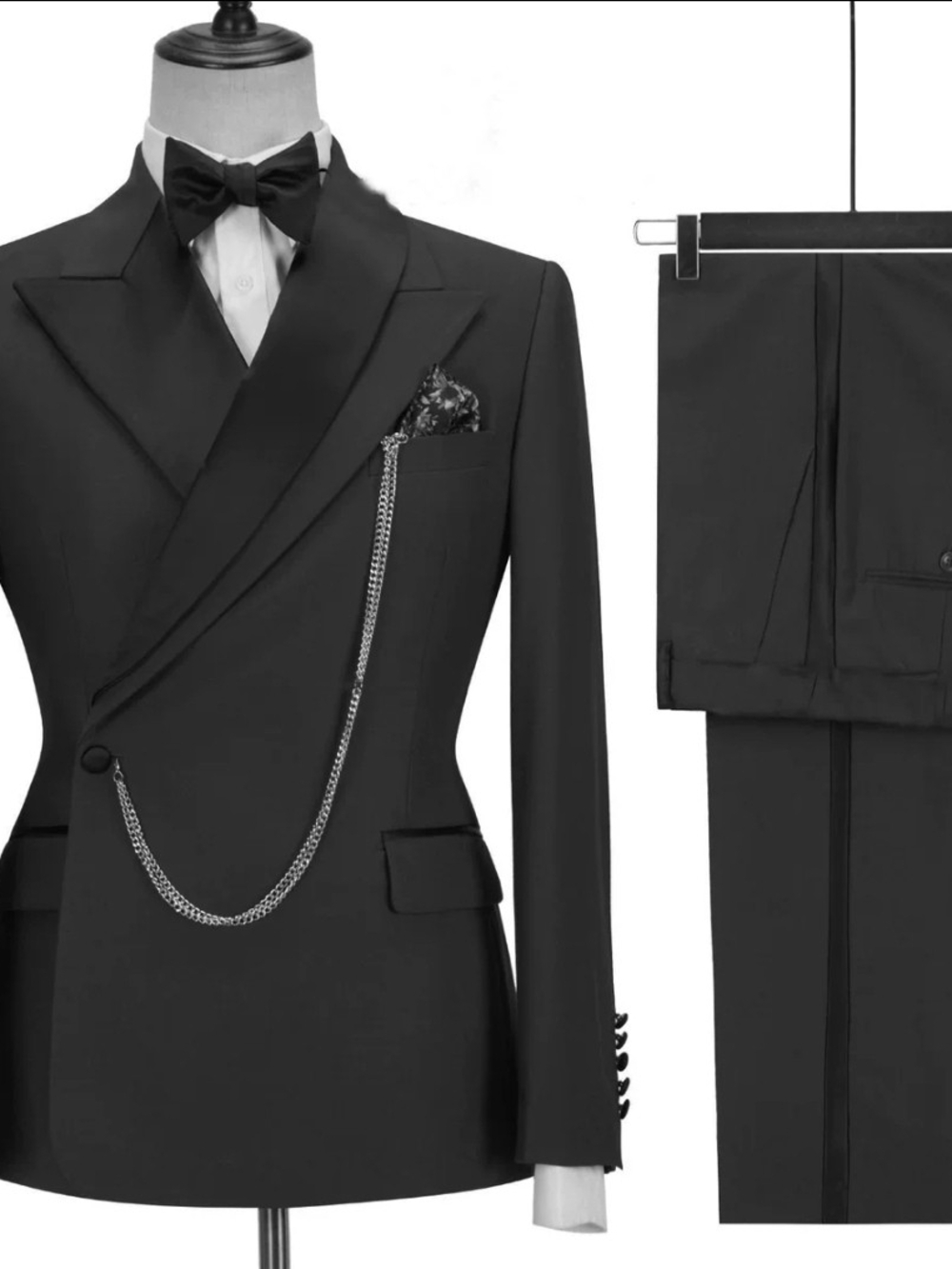 Men's Black Double-Breasted Tuxedo Suit with Satin Lapel